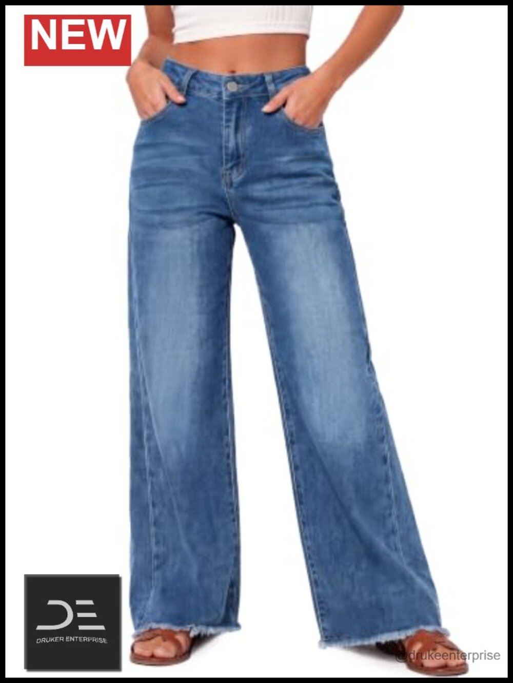 Women's High Rise Wide Leg Jeans Stretchy Raw Hem Denim Flared Loose Fit